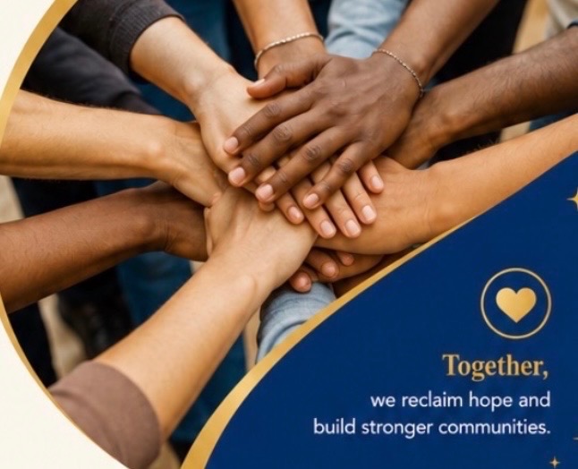 Many hands of different skin tones joined together in a circle. Together, we reclaim hope and build stronger communities.